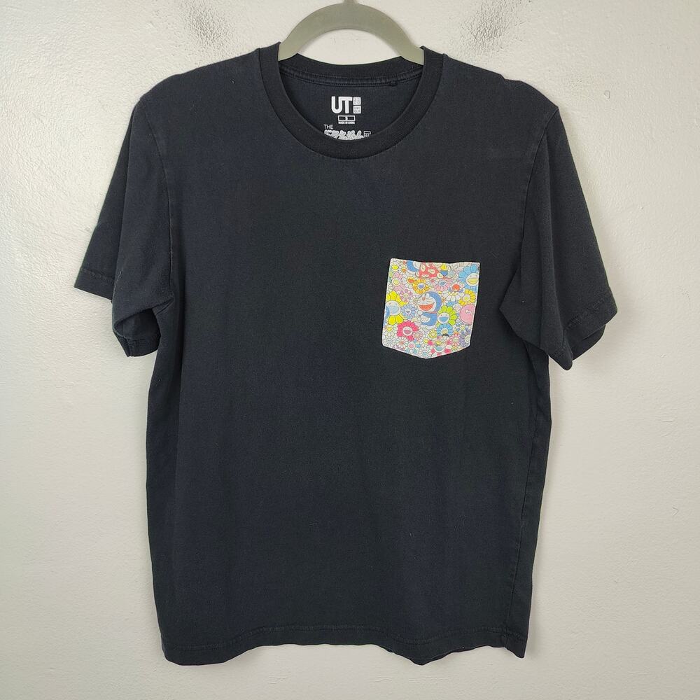 Uniqlo Doraemon‎ Takashi Murakami T-Shirt Mens Small Black Pocket Graphic Tee